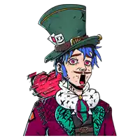 the mad hatter is wearing a top hat and holding a heart on his shoulder .