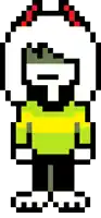 a pixel art drawing of a frog wearing a green and yellow shirt and black shorts .