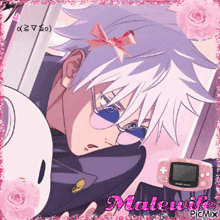 a picture of a boy with glasses and a pink bow on his head is titled malewife