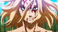 a close up of a blonde anime character with blood on his face