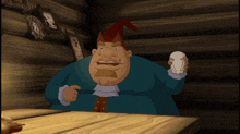 a cartoon character is sitting at a wooden table holding a cup