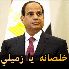 a man in a suit and tie is standing in front of an egyptian flag