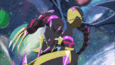 a cartoon character with a purple and gold colored body is flying through space with planets in the background .