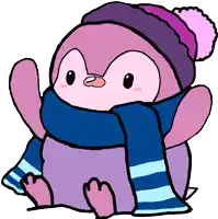 a pink penguin wearing a purple hat and a blue scarf
