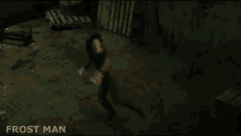 a woman in a superhero costume is flying through the air with the word frost man written below her