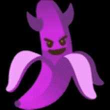 a purple peeled banana with horns and a smiling face .
