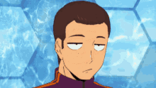 a cartoon of a man with his eyes closed and a purple jacket .