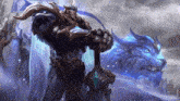 a knight with a sword stands in front of a blue beast