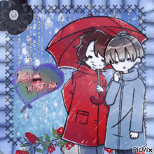 a drawing of two people holding an umbrella with the words kiss me in the rain written on it