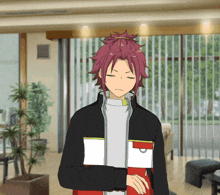 a cartoon character with red hair is standing in a living room with his eyes closed