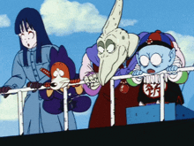 a group of cartoon characters standing next to each other with one having a skull on his head
