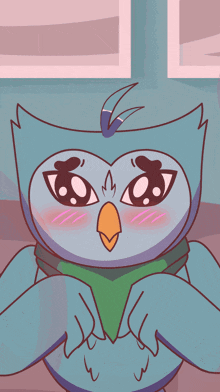 a cartoon drawing of an owl with a green shirt on