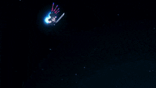 a robot is flying through the air with a purple beam coming out of its mouth
