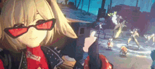 a anime girl wearing red sunglasses is holding a gun in a video game .