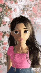 a cartoon girl in a pink top is surrounded by flowers
