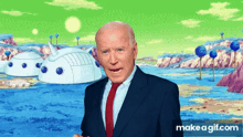 a man in a suit and tie is standing in front of a cartoon background with the words make a gif.com below him