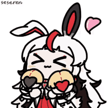 a cartoon drawing of a girl wearing bunny ears and holding a heart in her hands .