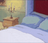 a painting of a bedroom with a bed and nightstand