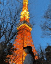 a woman wearing a face mask stands in front of a very tall tower