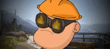 a cartoon of a man wearing a hard hat and goggles with a flame on them