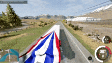 a computer screen shows a truck with a flag on the back and a speedometer that reads 207 mph