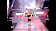 a wrestler is walking down a ramp with the word spike on it