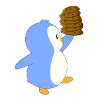 a blue and white penguin holding a stack of chocolate chip cookies