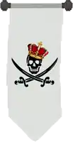a white banner with a skull and crossbones and a crown