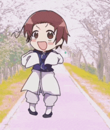 a cartoon character is standing on a pink road
