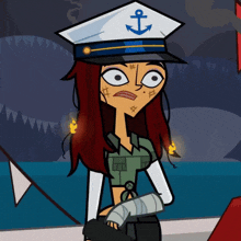 a cartoon character is wearing a captain 's hat with an anchor on it