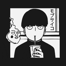 a black and white drawing of a boy drinking from a cup