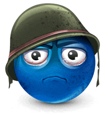 a blue smiley face with a military helmet on it