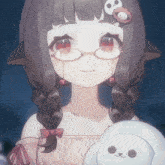 a girl with braids and glasses is holding a stuffed animal and smiling