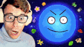 a man wearing glasses and ear muffs stands in front of a blue planet with an angry face