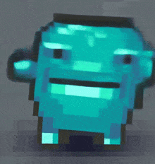 a pixel art drawing of a blue cactus with a face