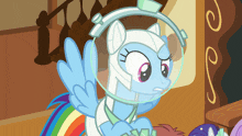 a cartoon of a pony wearing a helmet