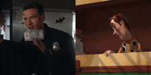 a man in a police uniform holding a dollar bill next to a toy story character