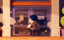 a cartoon character standing in front of a store with a sign that says closed