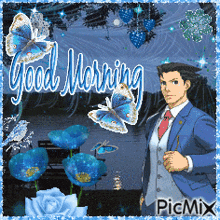 a man in a suit and tie is standing in front of blue flowers and butterflies with the words good morning written above him