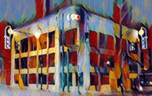 a colorful painting of a building with the letters cc on the top