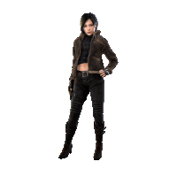 a woman in a brown jacket and black pants stands with her hands on her hips