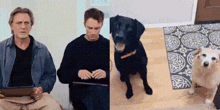 a man is sitting at a table with a laptop and a dog is sitting on the floor .