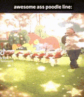 a man is standing in front of a bunch of stuffed animals and the caption says awesome ass poodle line