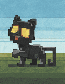 a pixel art drawing of a black cat with glowing eyes