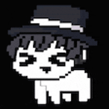 a pixel art drawing of a cat wearing a hat .
