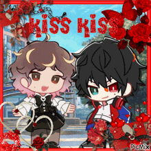 a picture of two anime characters with the words kiss kiss on the top