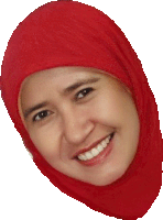 a woman wearing a red hijab is smiling and looking at the camera
