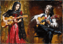 a painting of a woman playing a guitar next to a man playing guitar