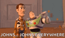 woody and buzz lightyear from toy story are standing next to each other and talking to each other .