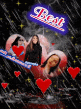 a girl is surrounded by red hearts and a sign that says " best "